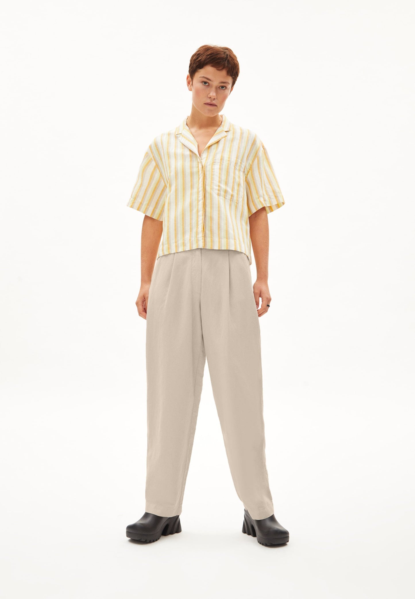 Chemisette rayée orange en lin - leaanne off white-mangorange