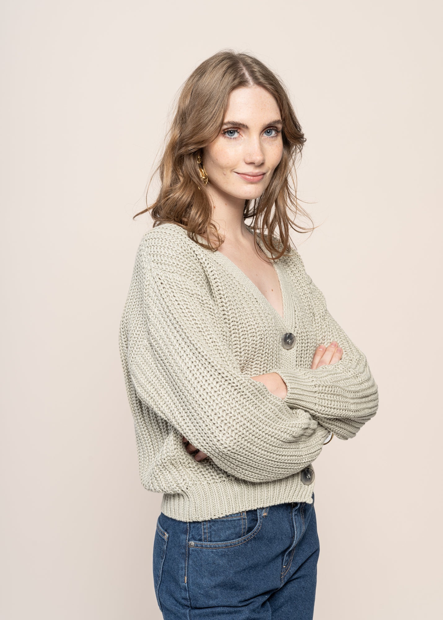 Cardigan maille en coton bio | vert "lena vintage lace"