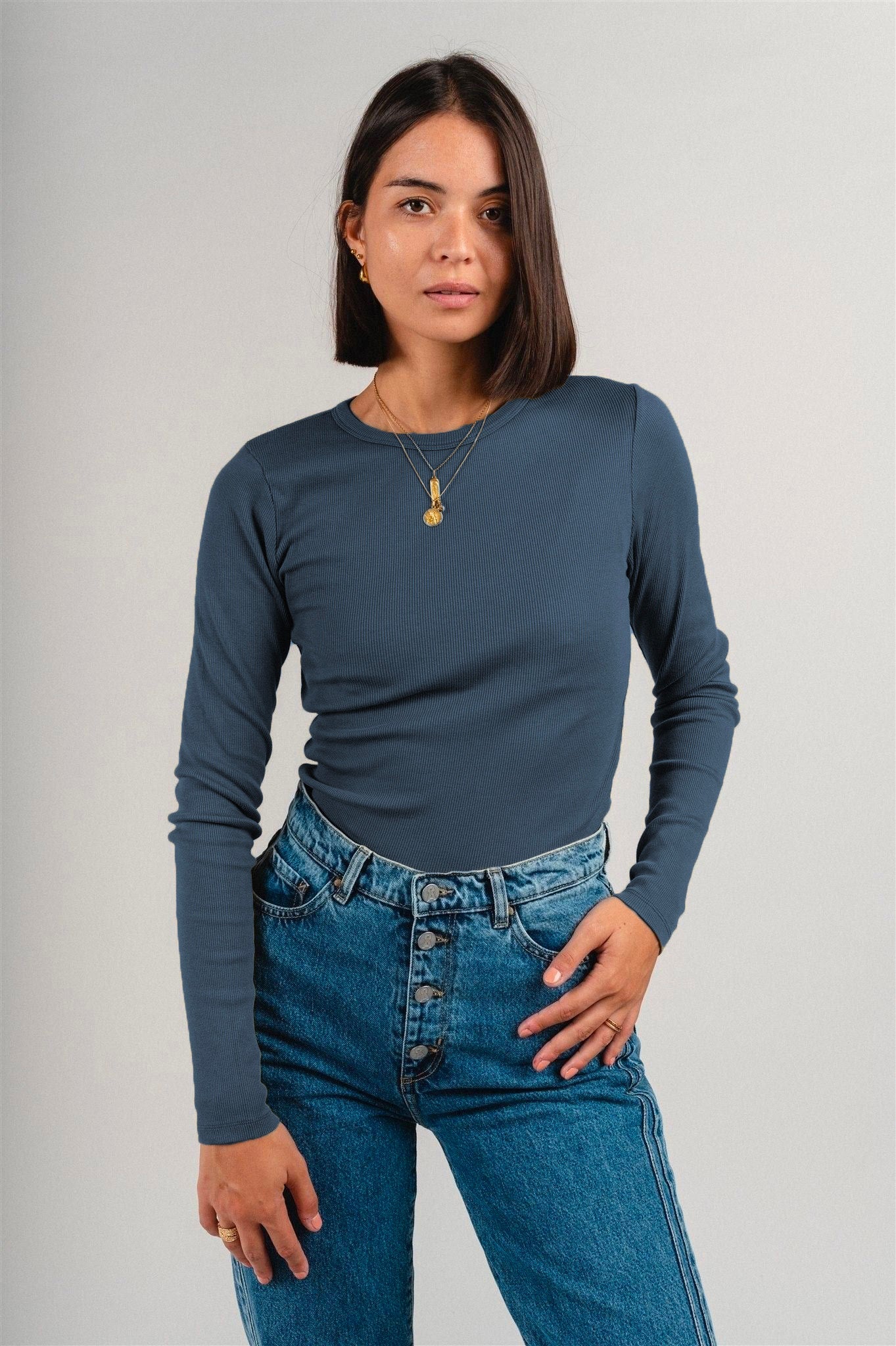T-shirt manches longues côtelé en coton bio | Bleu pétrole "petrol blue"