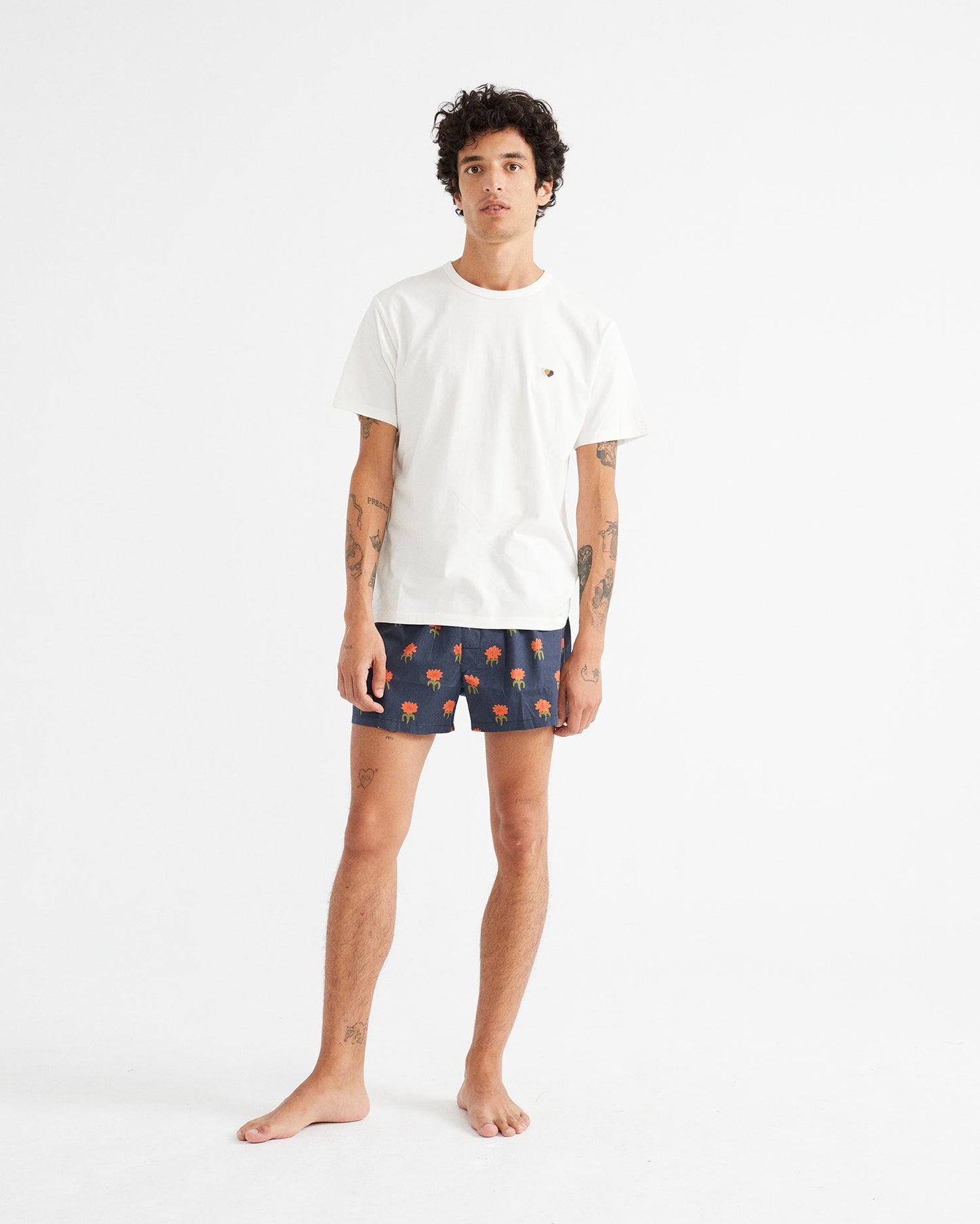 Caleçon marine à motifs fleur rouge en coton bio et tencel