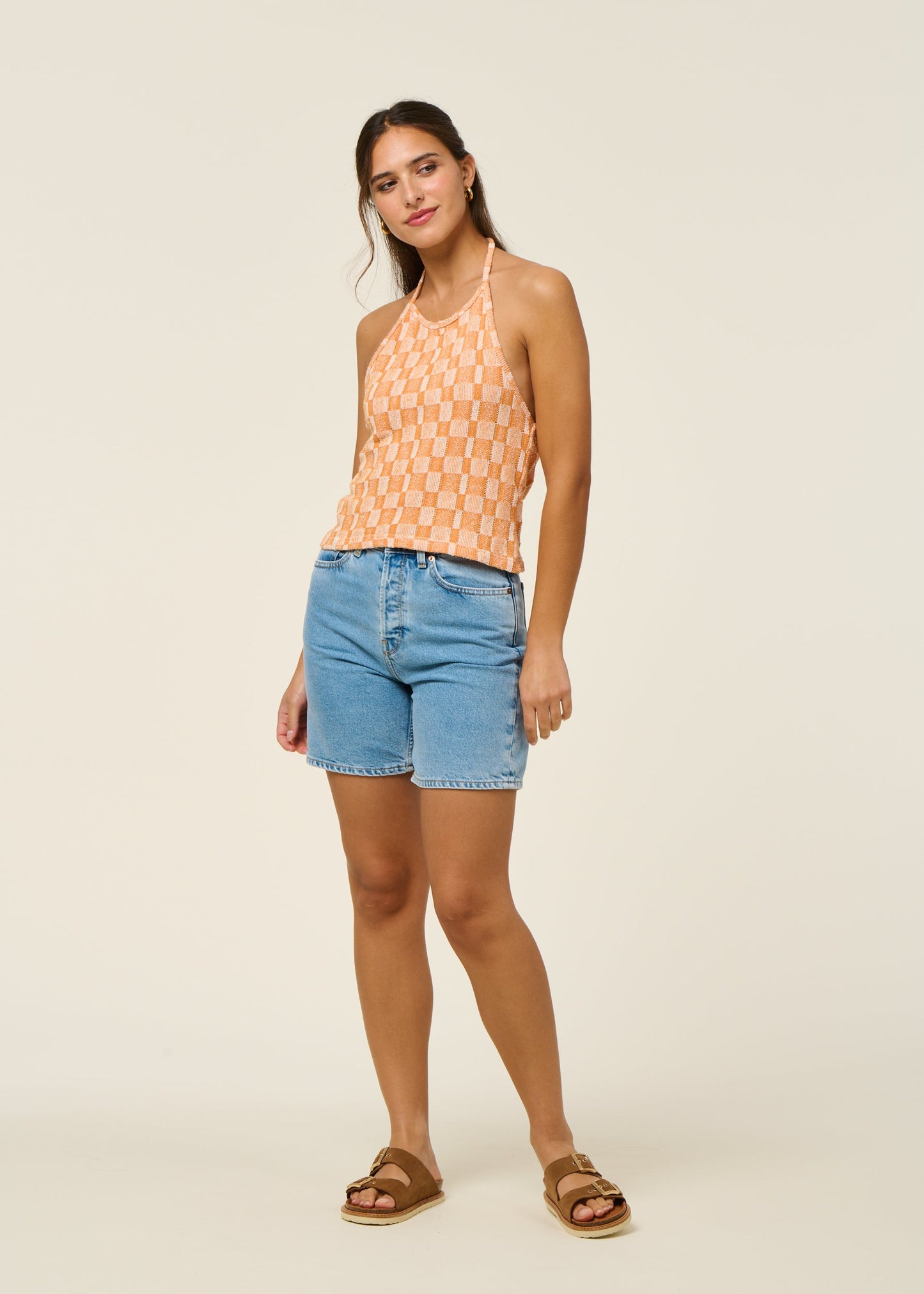Top dos nu éponge en coton bio | orange "passage - jacquard carreaux"