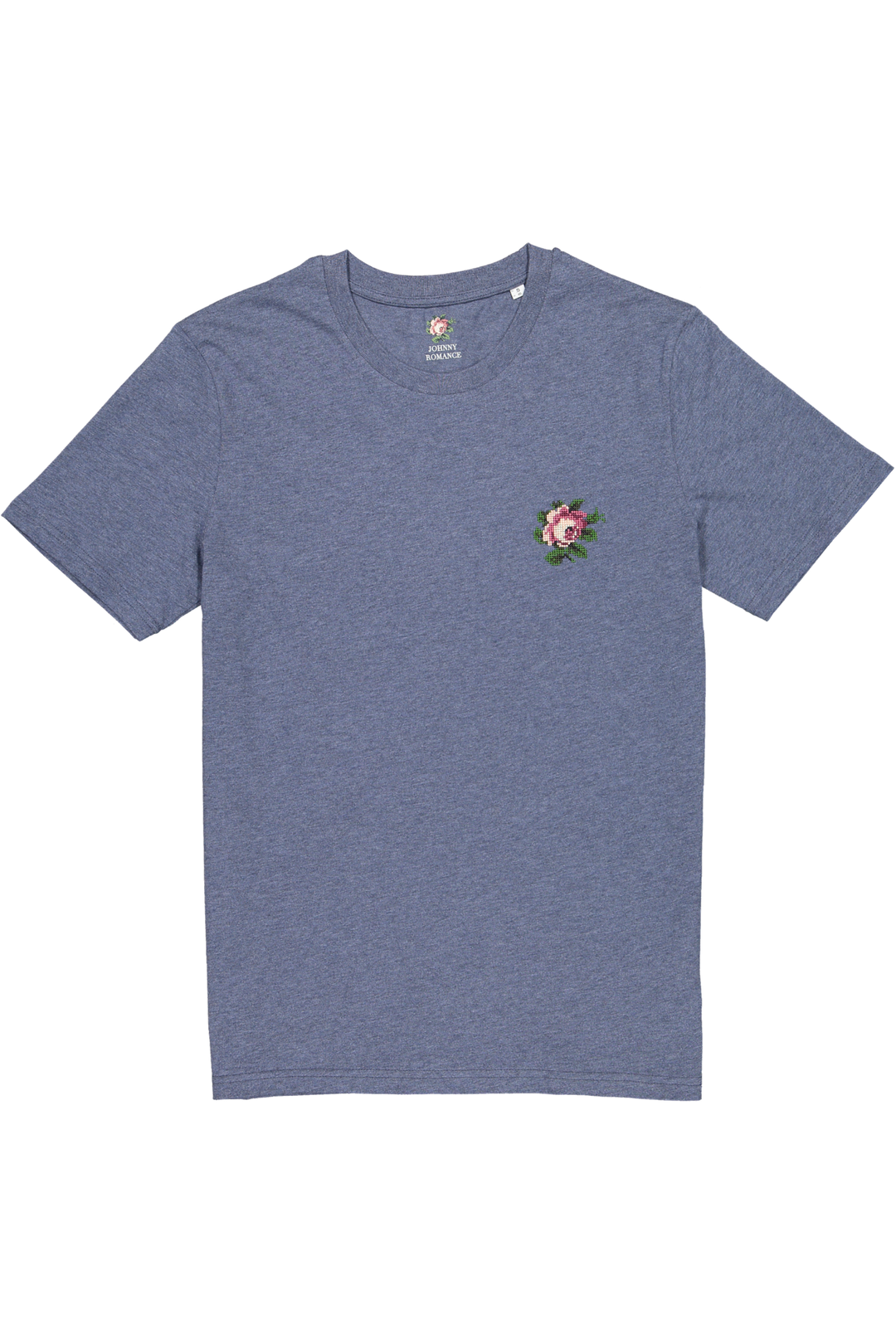 Tee-shirt bleu chine brodé en coton bio - rose - bleu chine