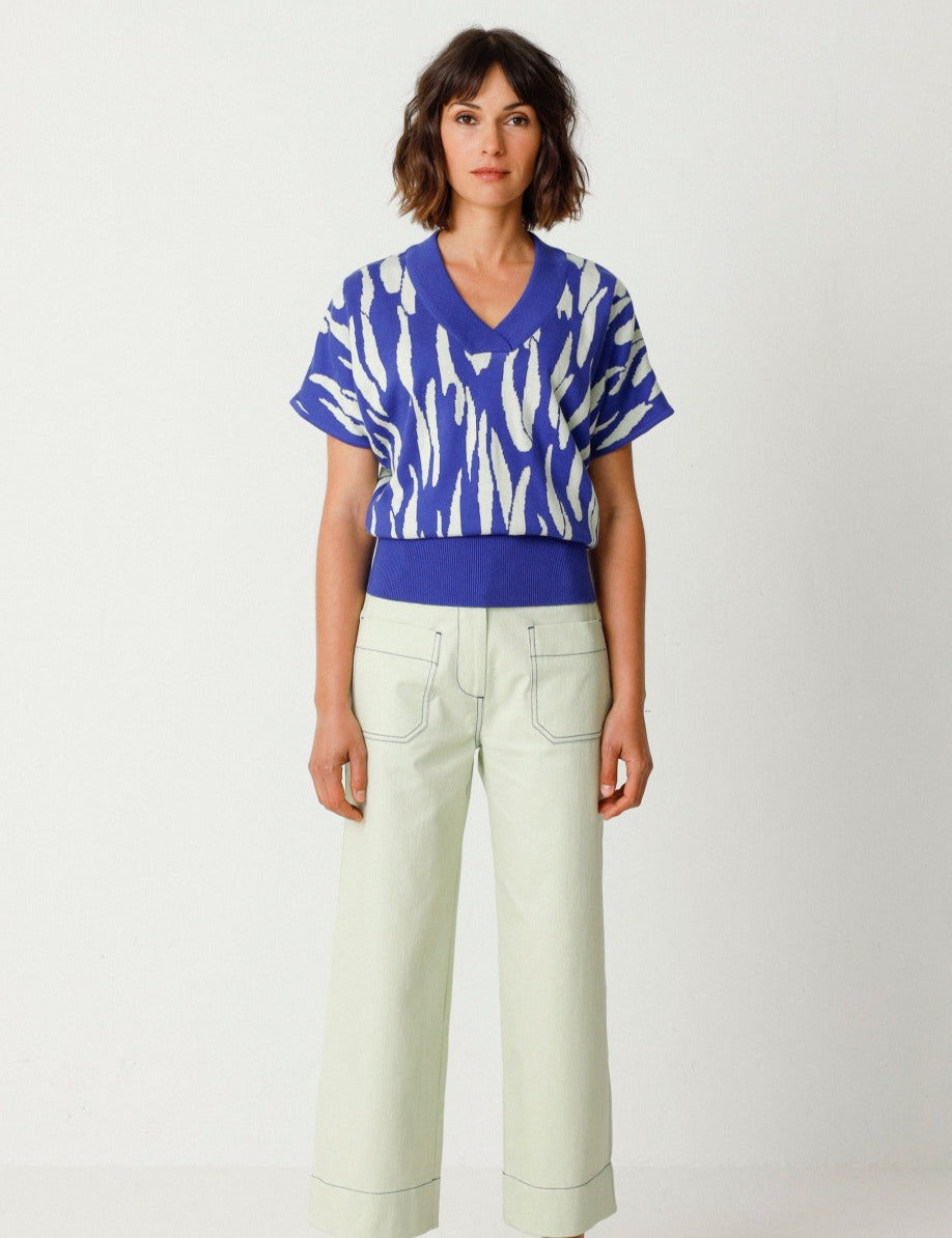 Pull manches courtes en tricot de coton bio | Bleu et blanc "garazi multicolore"