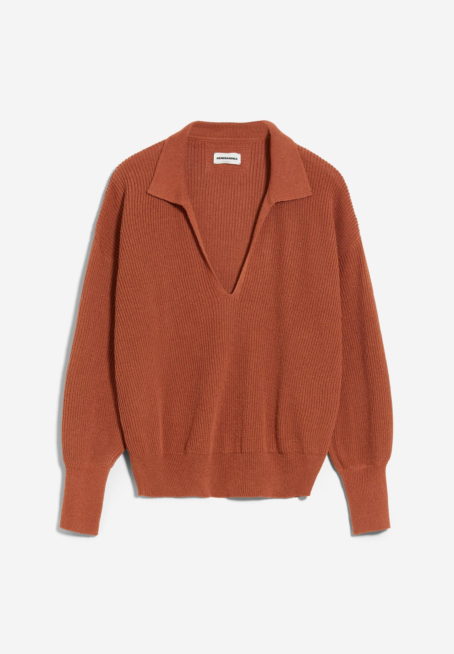Pull rouge brique col ouvert en lin et matières recyclées - ranaa lino brick