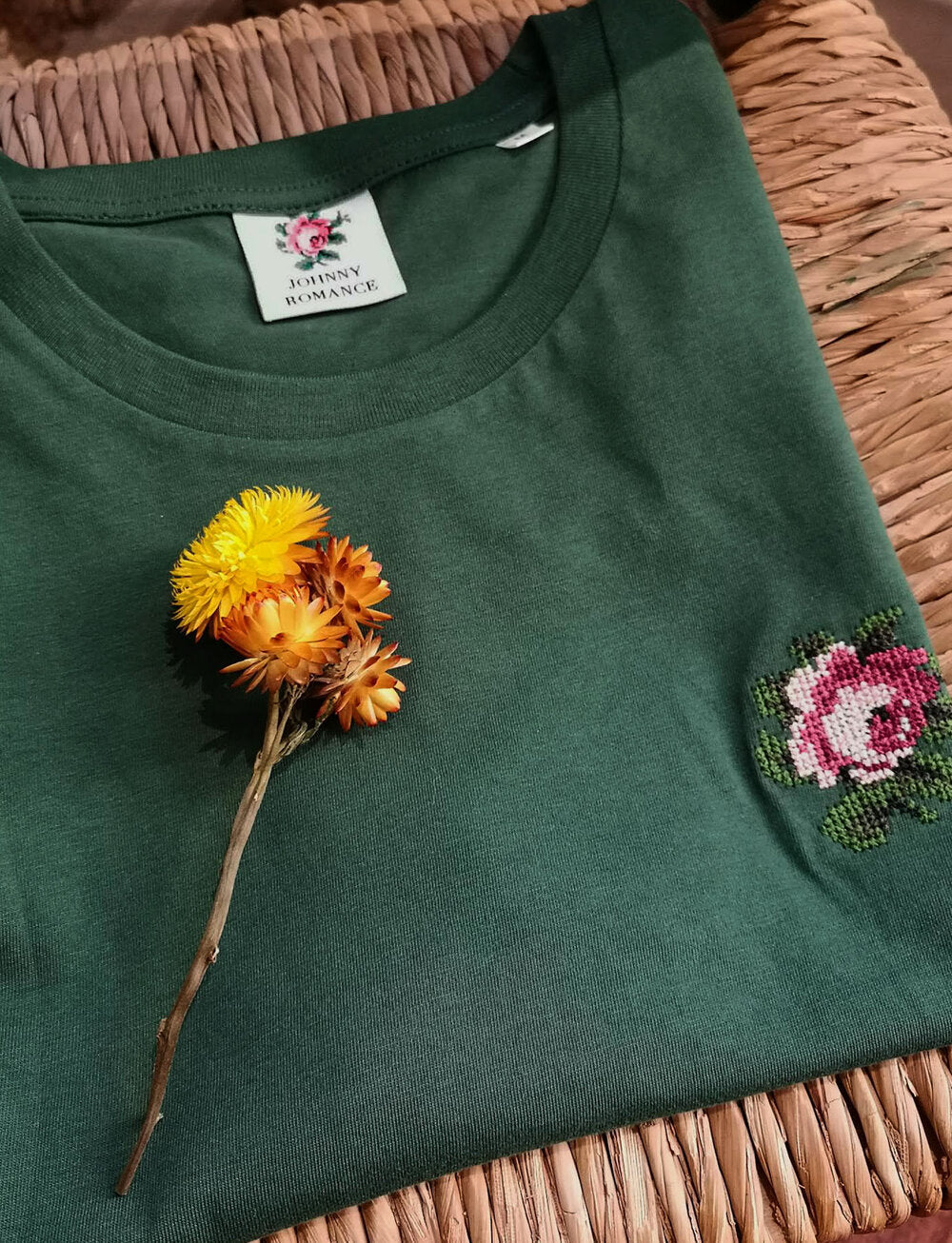 T-shirt brodé vert fôret en coton bio - Rose