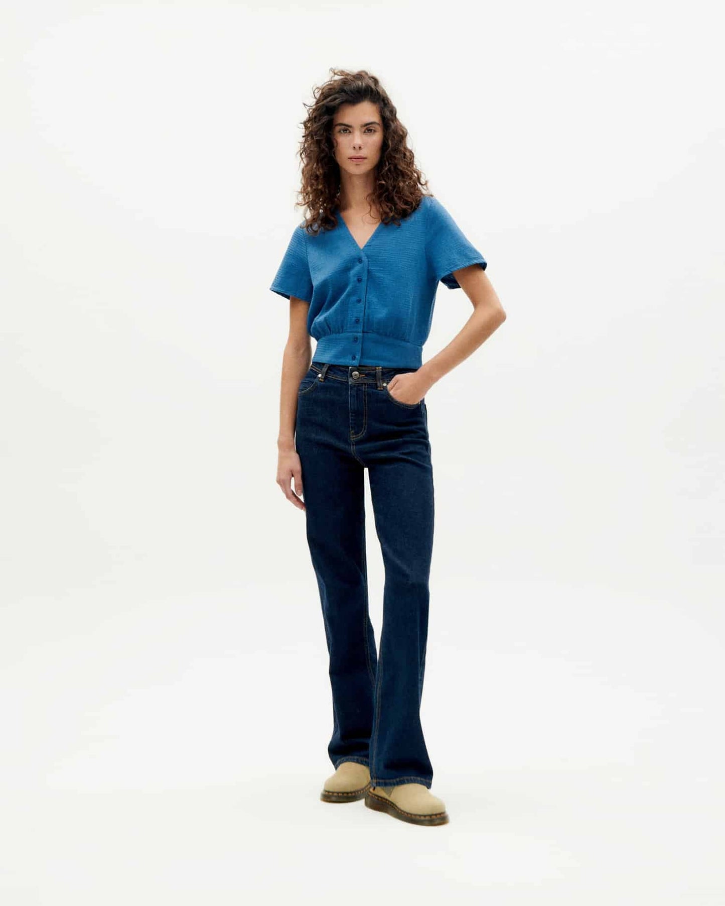 Blouse manches courtes en coton bio | Bleu "dark heritage loop celina blouse"