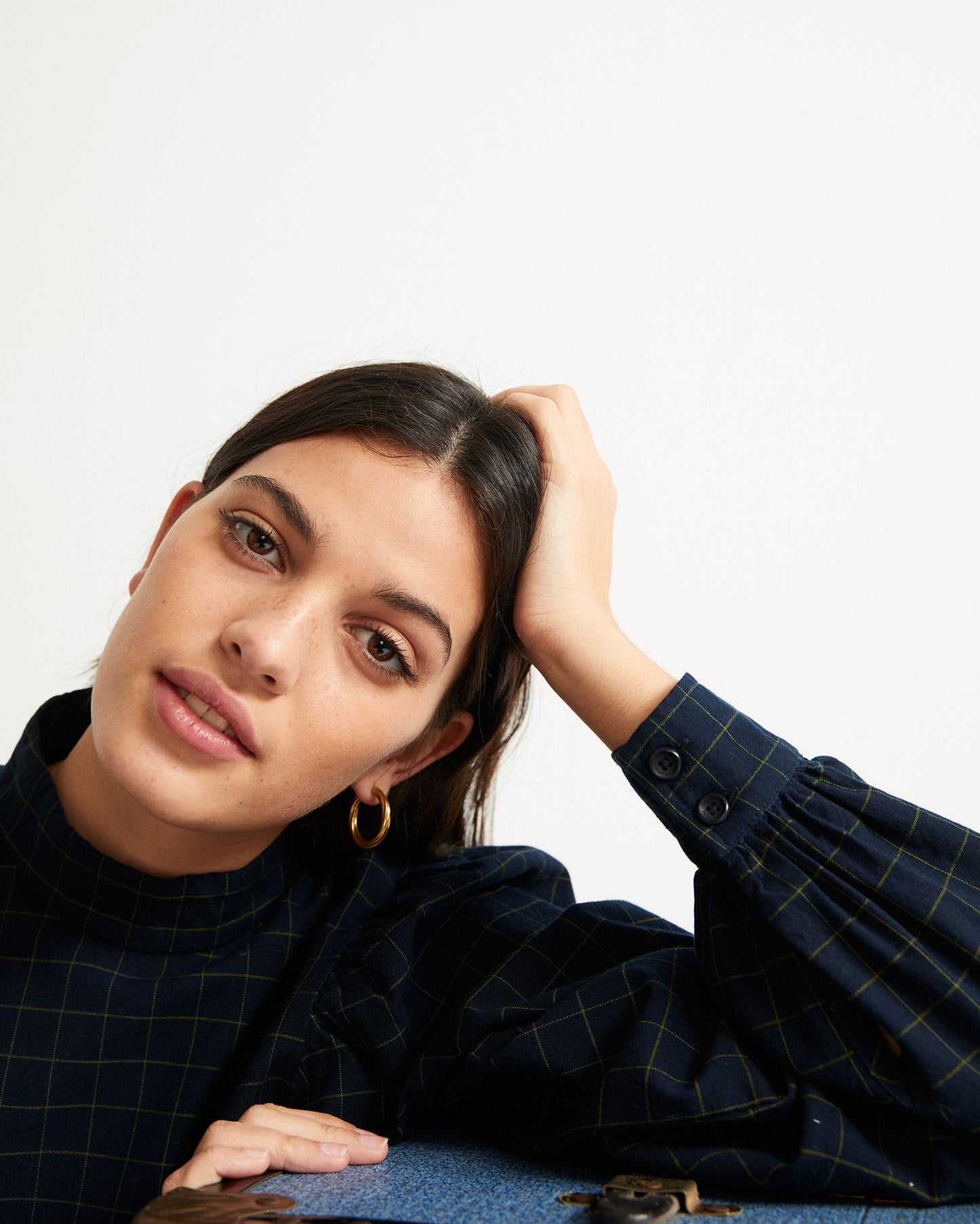 Robe manches bouffantes à carreaux marine en coton bio - flora navy checks