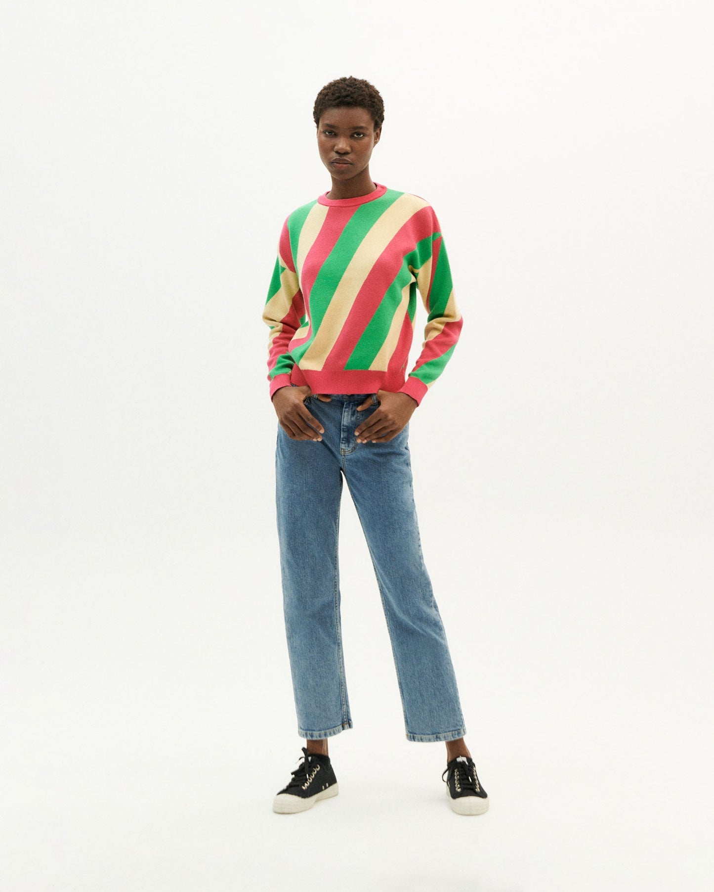 Pull coloré en maille de coton bio - yellow slash paloma knitted sweater