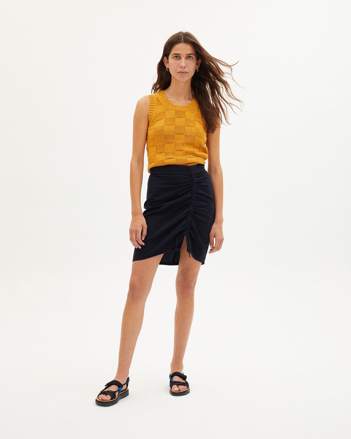 Jupe bicolore à fente en coton bio - DARK SEERSUCKER RACHEL SKIRT navy