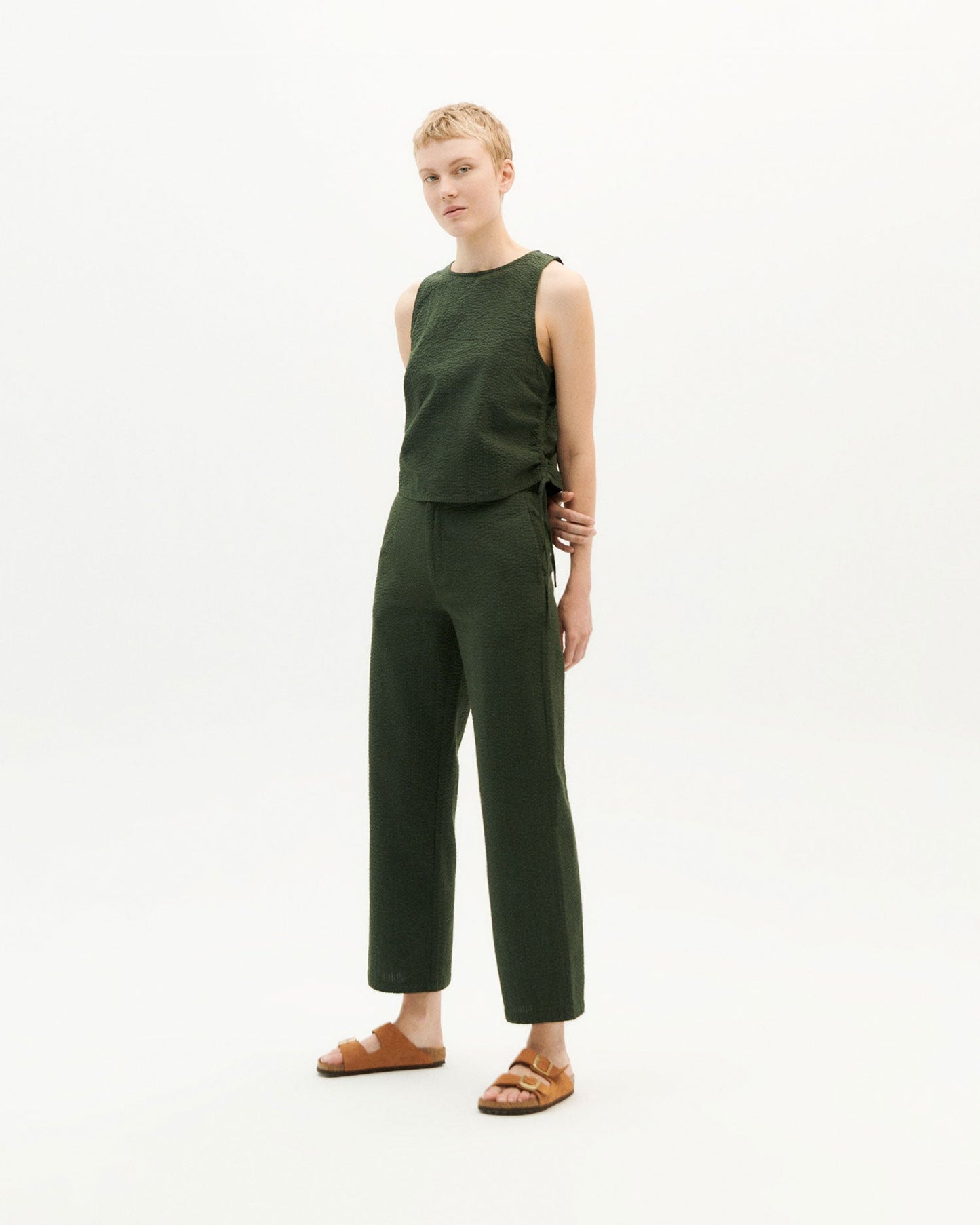Top vert forêt seersucker en coton bio - green seersucker florence top