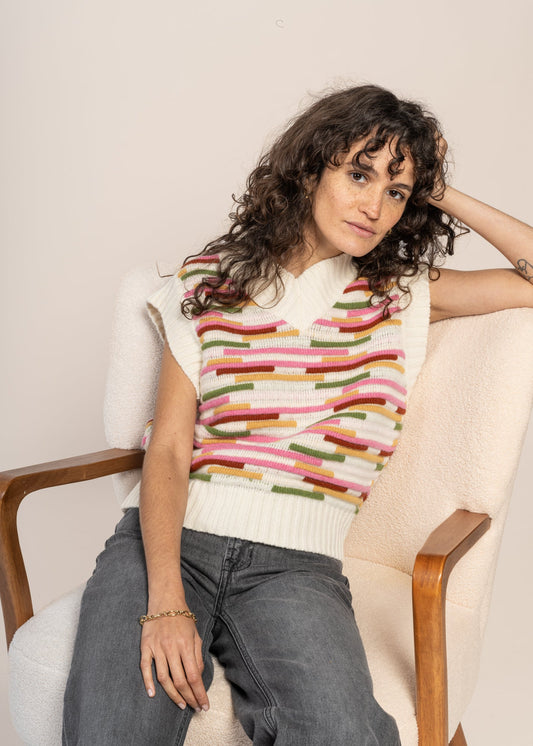 pull sans manches en laine et coton bio | multicolore "stripe multicolor mica knitted vest"