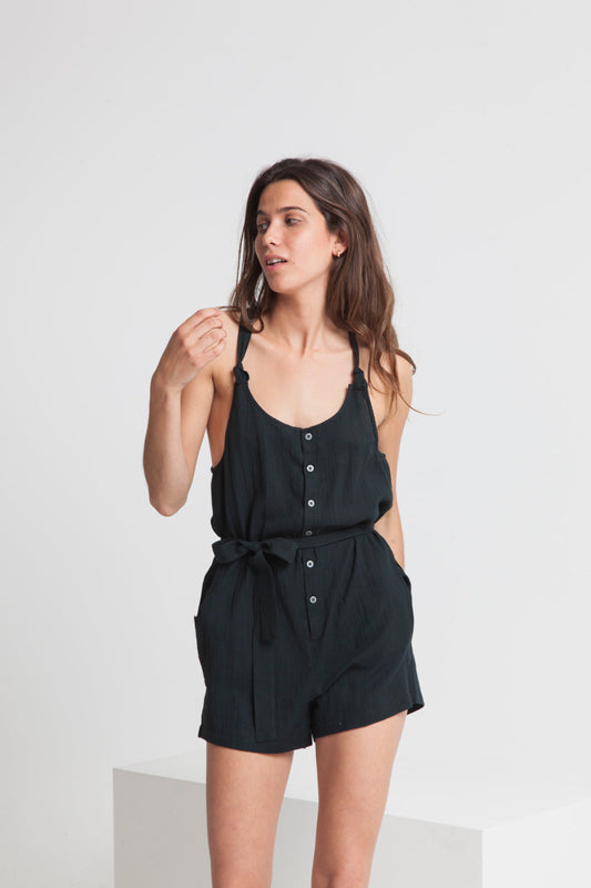 Combishort unie noire en coton bio - Lilly