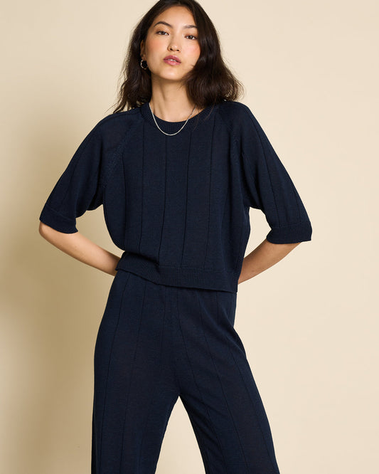 Pull en maille marine en lin et tencel - knit fina dark denim
