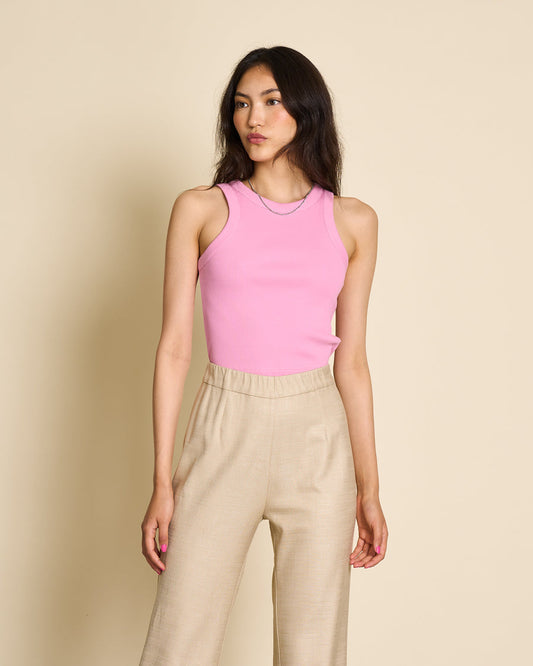 Débardeur rose côtelé en coton bio - top porto mauve