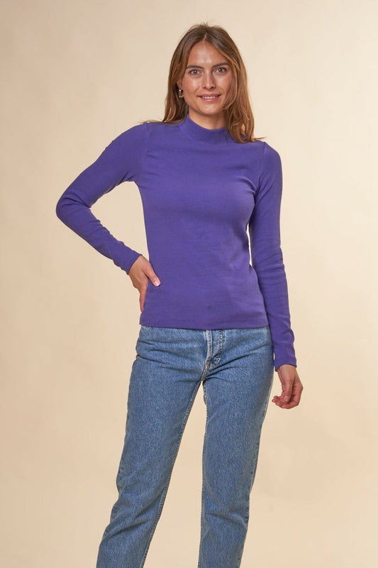 T-shirt manches longues côtelé en coton bio | Violet "rib high neck deep purple"