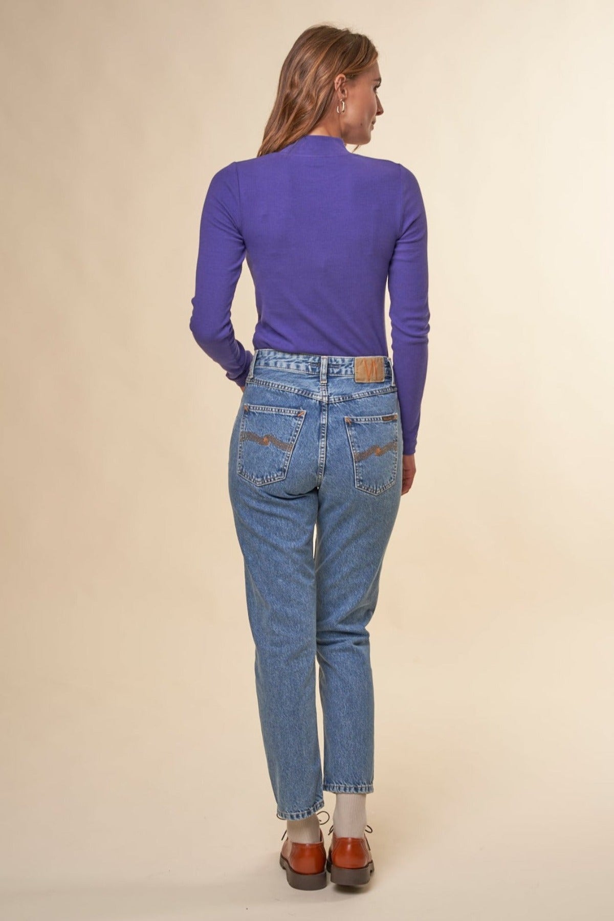 T-shirt manches longues côtelé en coton bio | Violet "rib high neck deep purple"