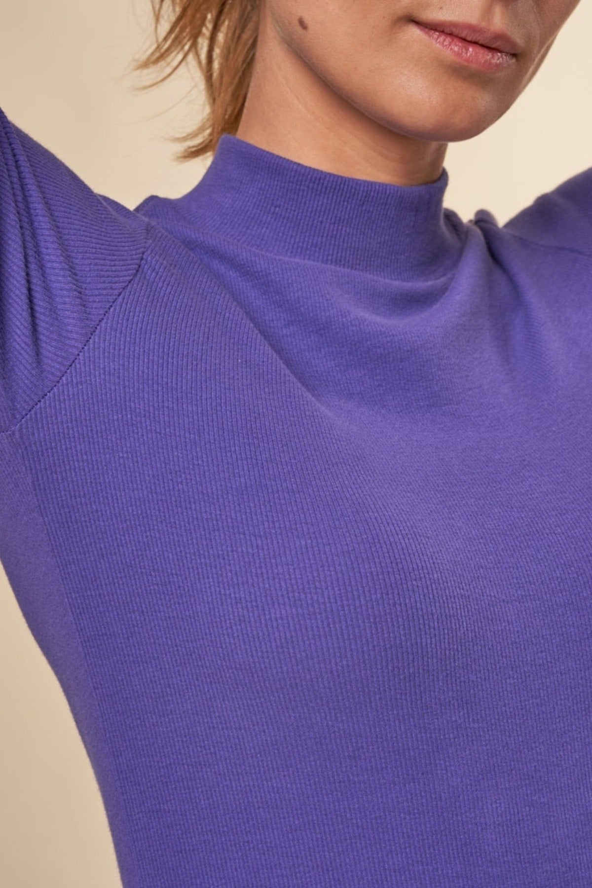 T-shirt manches longues côtelé en coton bio | Violet "rib high neck deep purple"