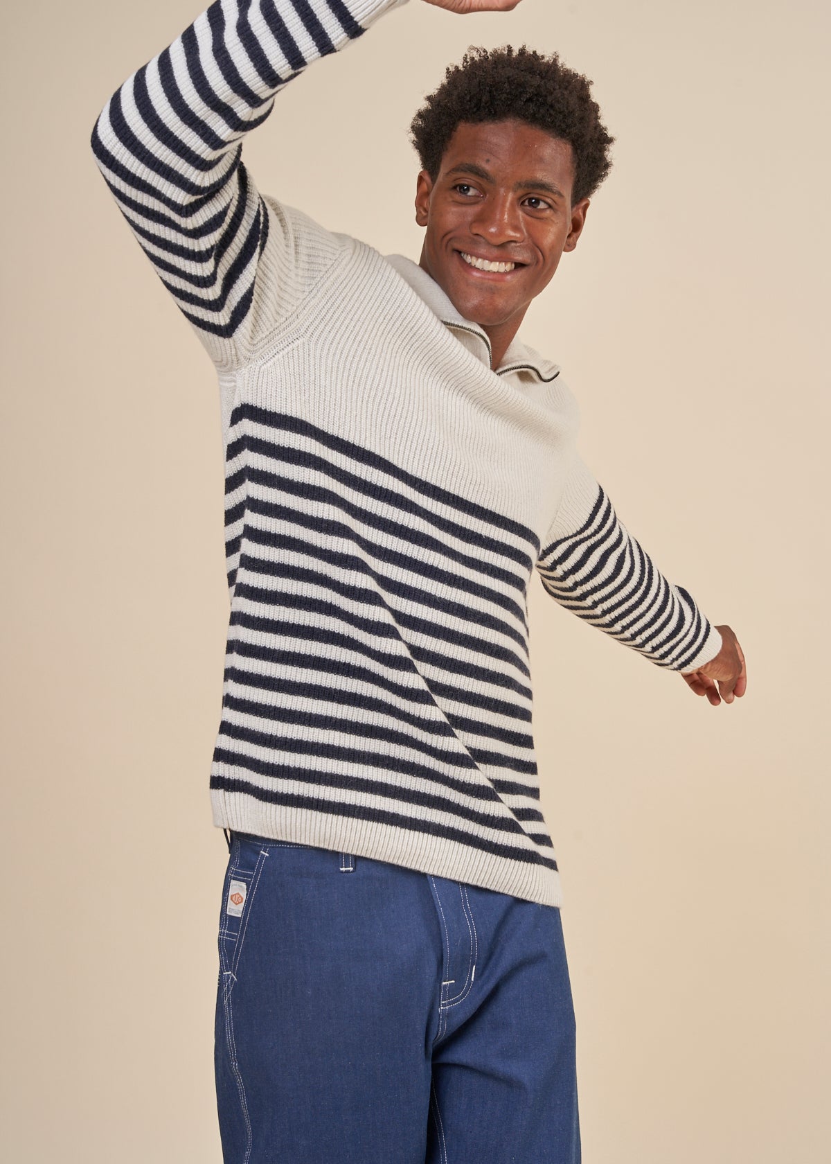 Pull marin col zippé en laine recyclée | écru "elkano natural"