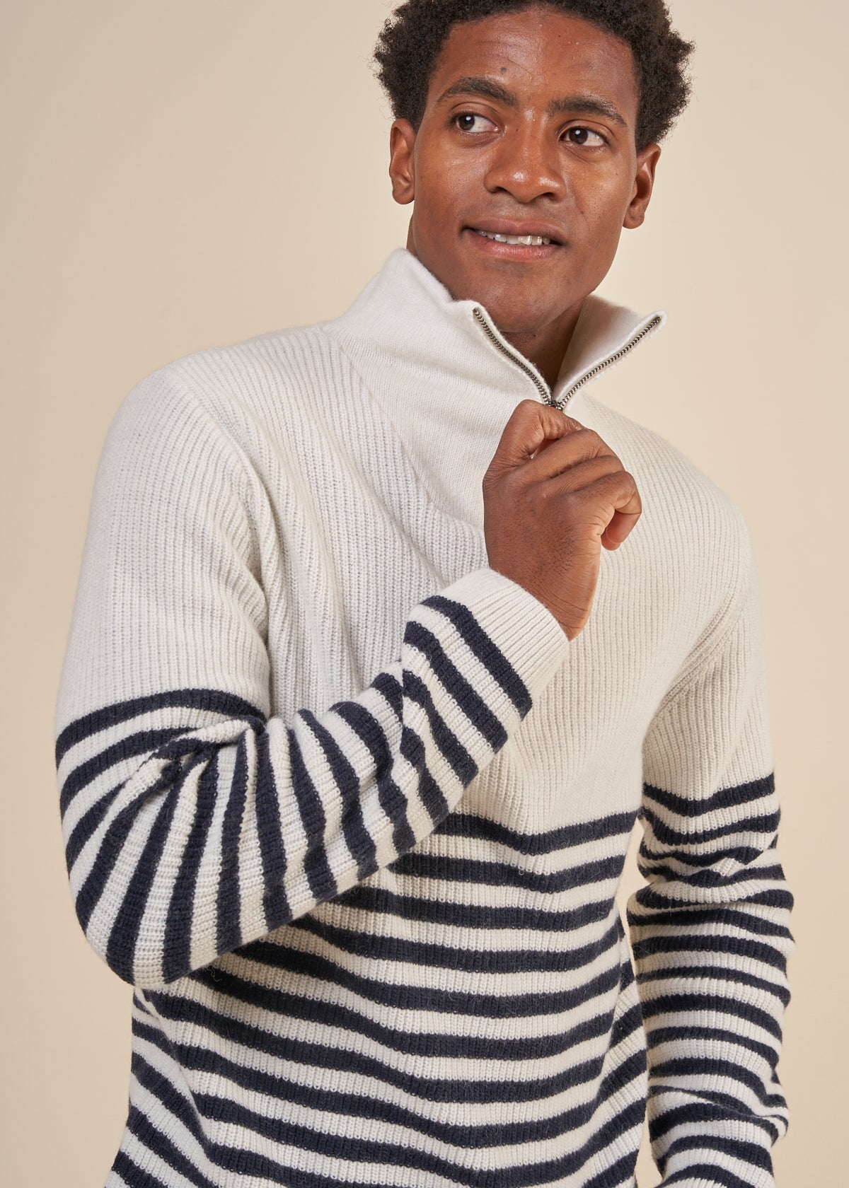 Pull marin col zippé en laine recyclée | écru "elkano natural"