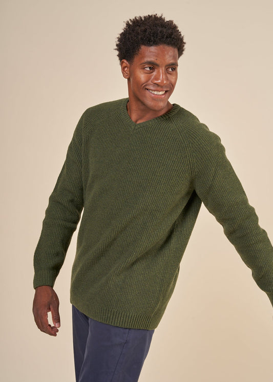 Pull col V en laine recyclée | vert olive "kerman olive"