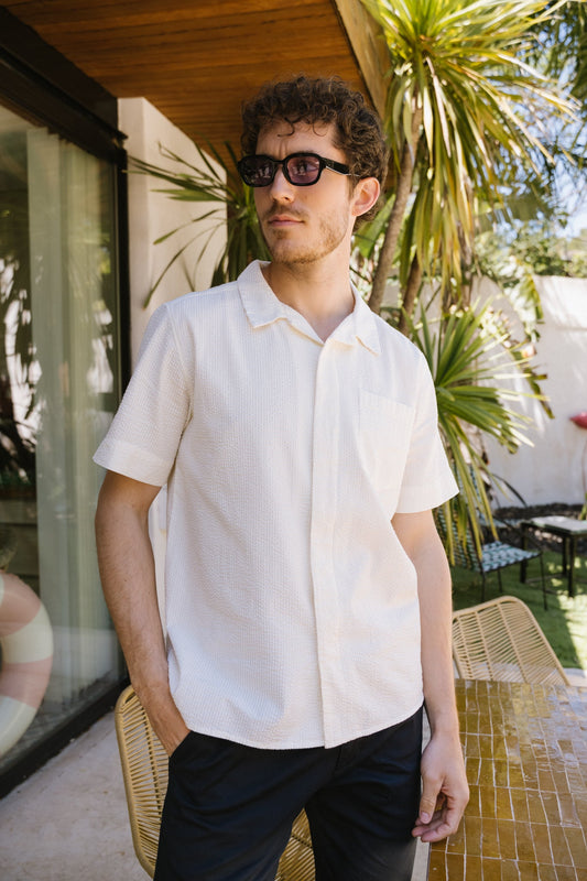 Chemisette en coton bio | Blanc "box short sleeve seersucker shirt egret"