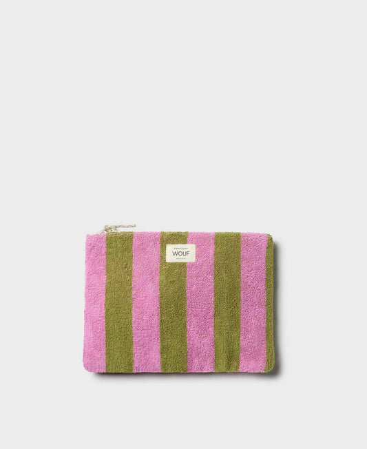 Pochette en coton éponge bio | Rayé rose et vert "menorca pouch rayures"