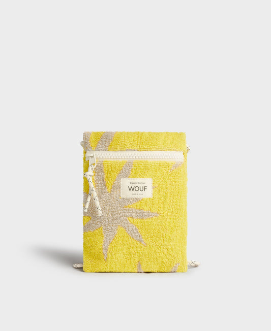 Pochette téléphone en coton éponge bio | Jaune à motifs "formentera phone bag soleils"