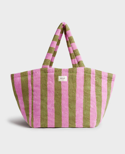 Tote bag en coton bio | Rayé rose et vert "menorca large tote bag rayures"