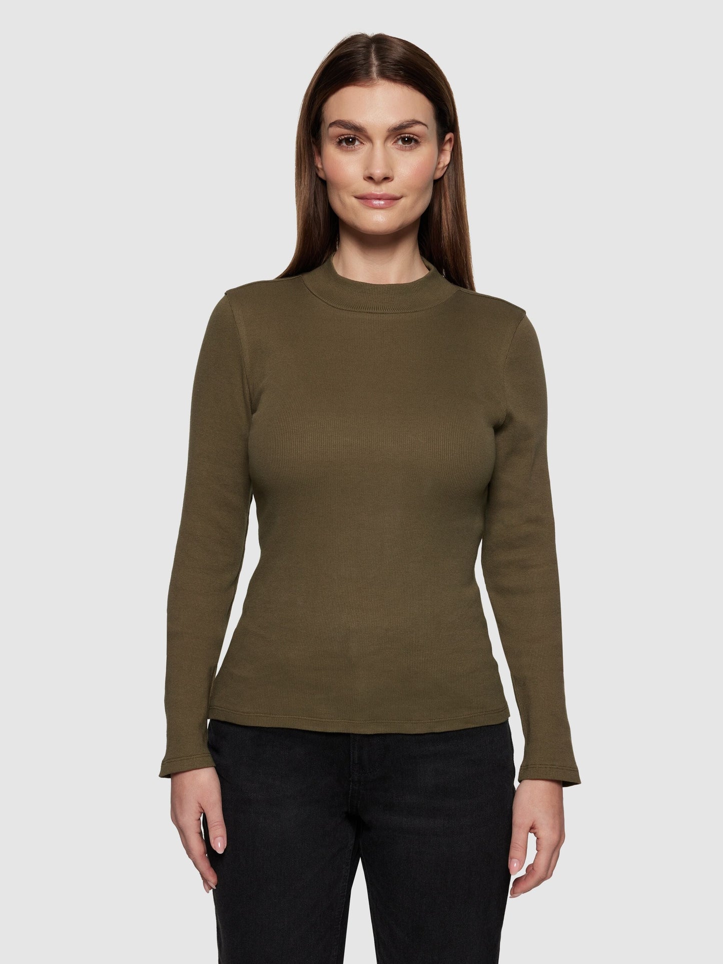 T-shirt en coton biologique | vert "rib high neck long sleeved - 1100 dark olive"