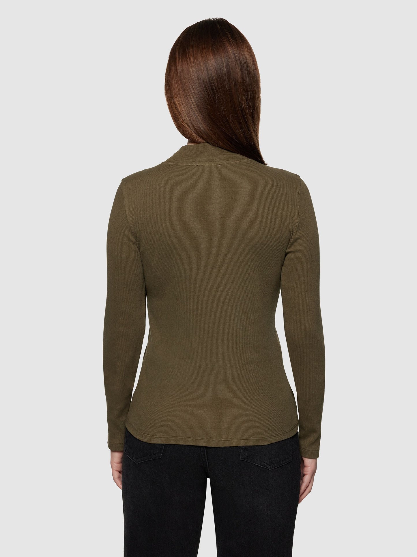 T-shirt en coton biologique | vert "rib high neck long sleeved - 1100 dark olive"