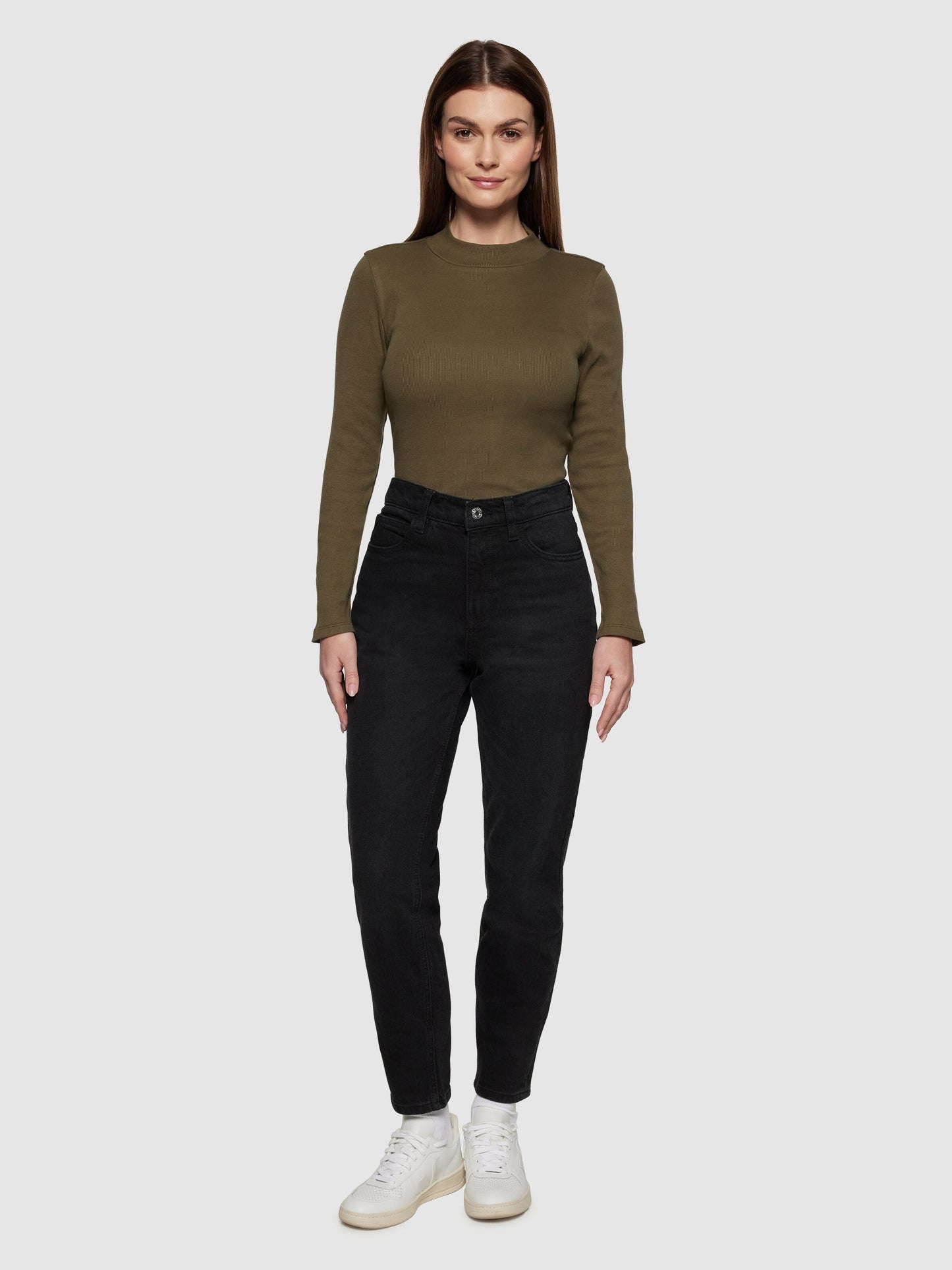 T-shirt en coton biologique | vert "rib high neck long sleeved - 1100 dark olive"
