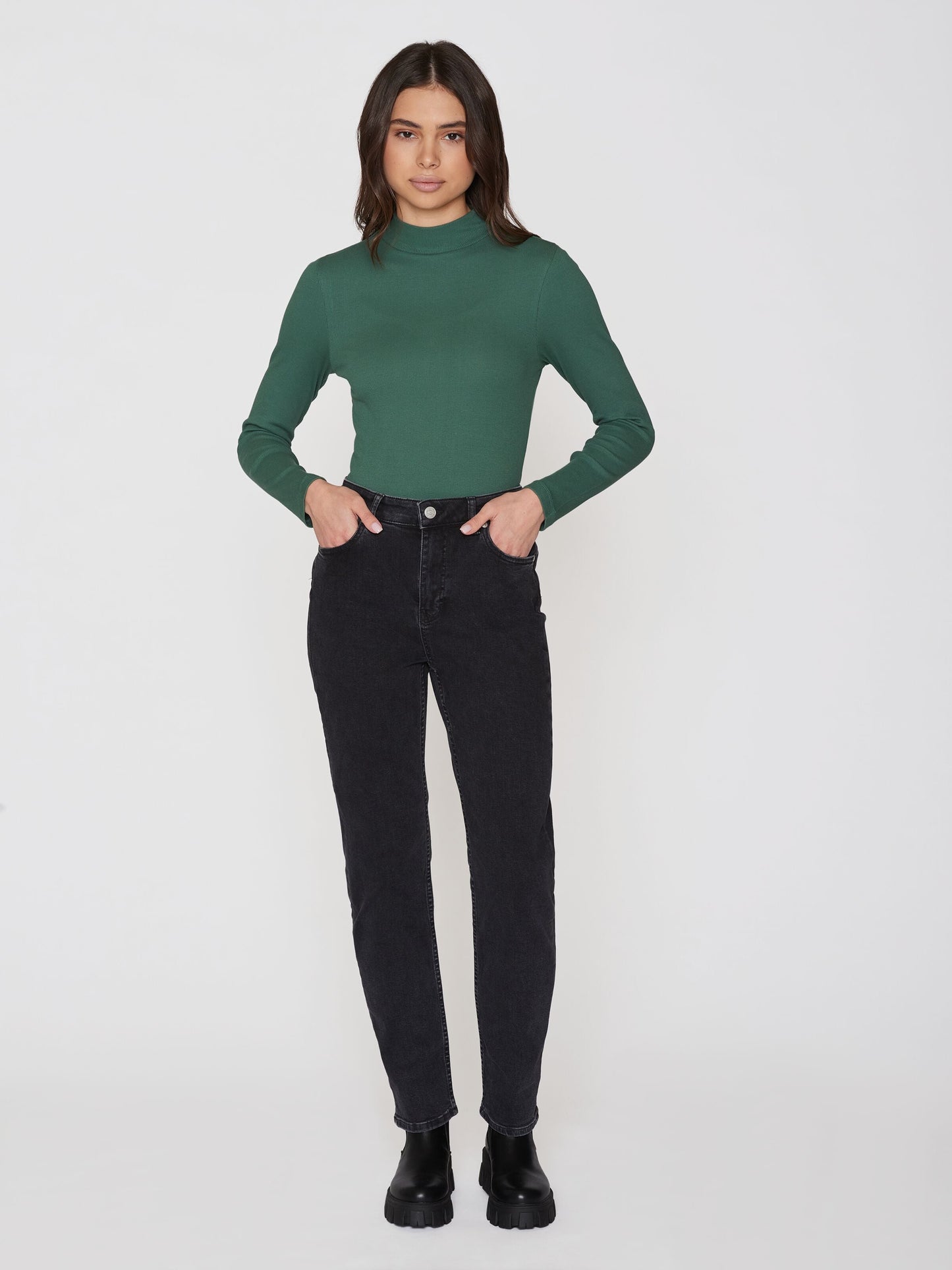 T-shirt manches longues en coton bio | Vert forêt "rib high neck long sleeved dark forest"