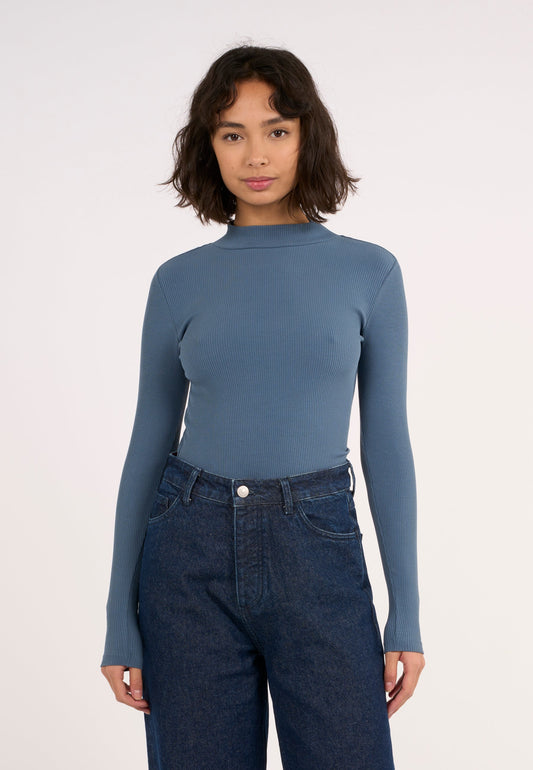 T-shirt manches longues en coton bio | Bleu "rib high neck long sleeved china blue"