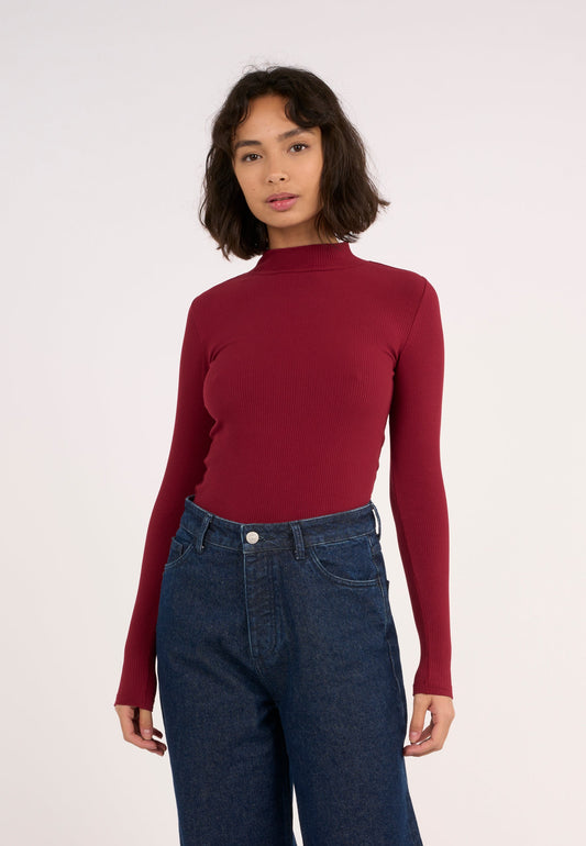 T-shirt manches longues en coton bio | Rouge "rib high neck long sleeved rhubarb"