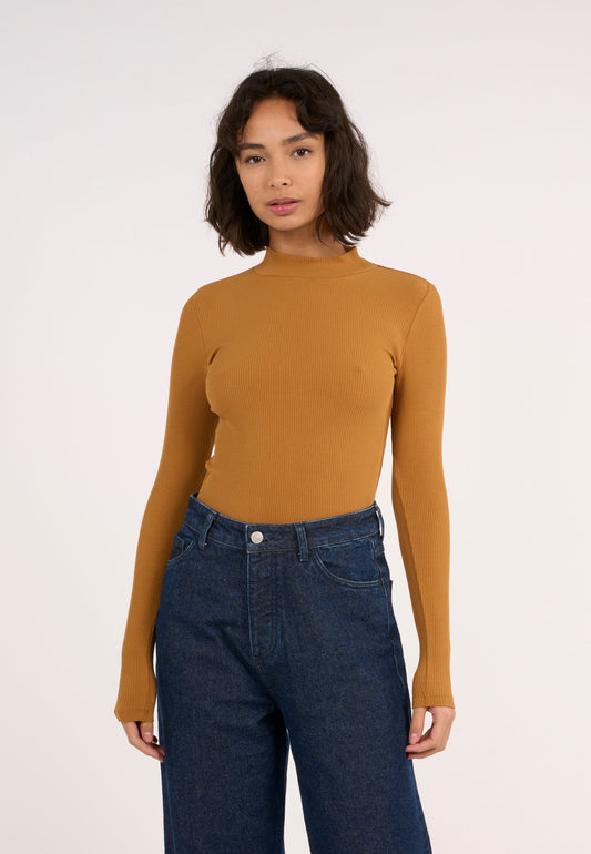 T-shirt manches longues en coton bio | Jaune moutarde "rib high neck long sleeved brown sugar"