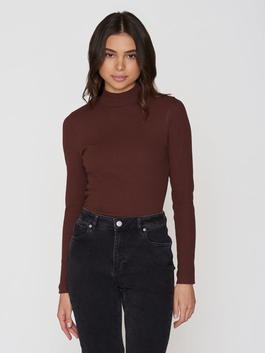 T-shirt manches longues en coton bio | Acajou "rib high neck long sleeved deep mahogany"