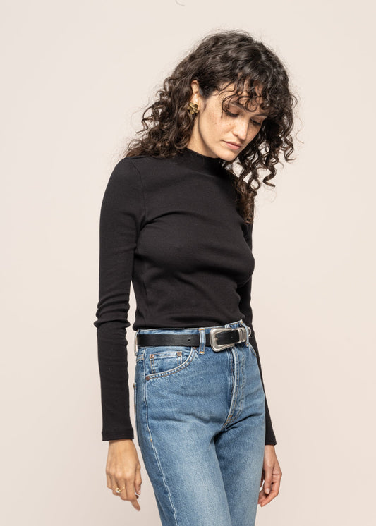 T-shirt manches longues en coton bio | Noir "rib high neck long sleeved black jet"