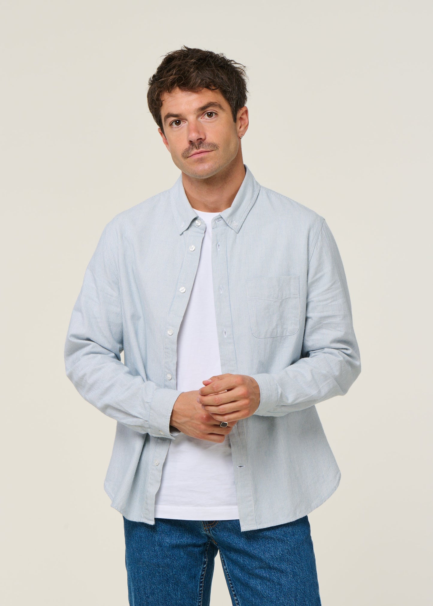 Chemise droite en coton bio | rayé "ken - eco brushed striped vintage blue"