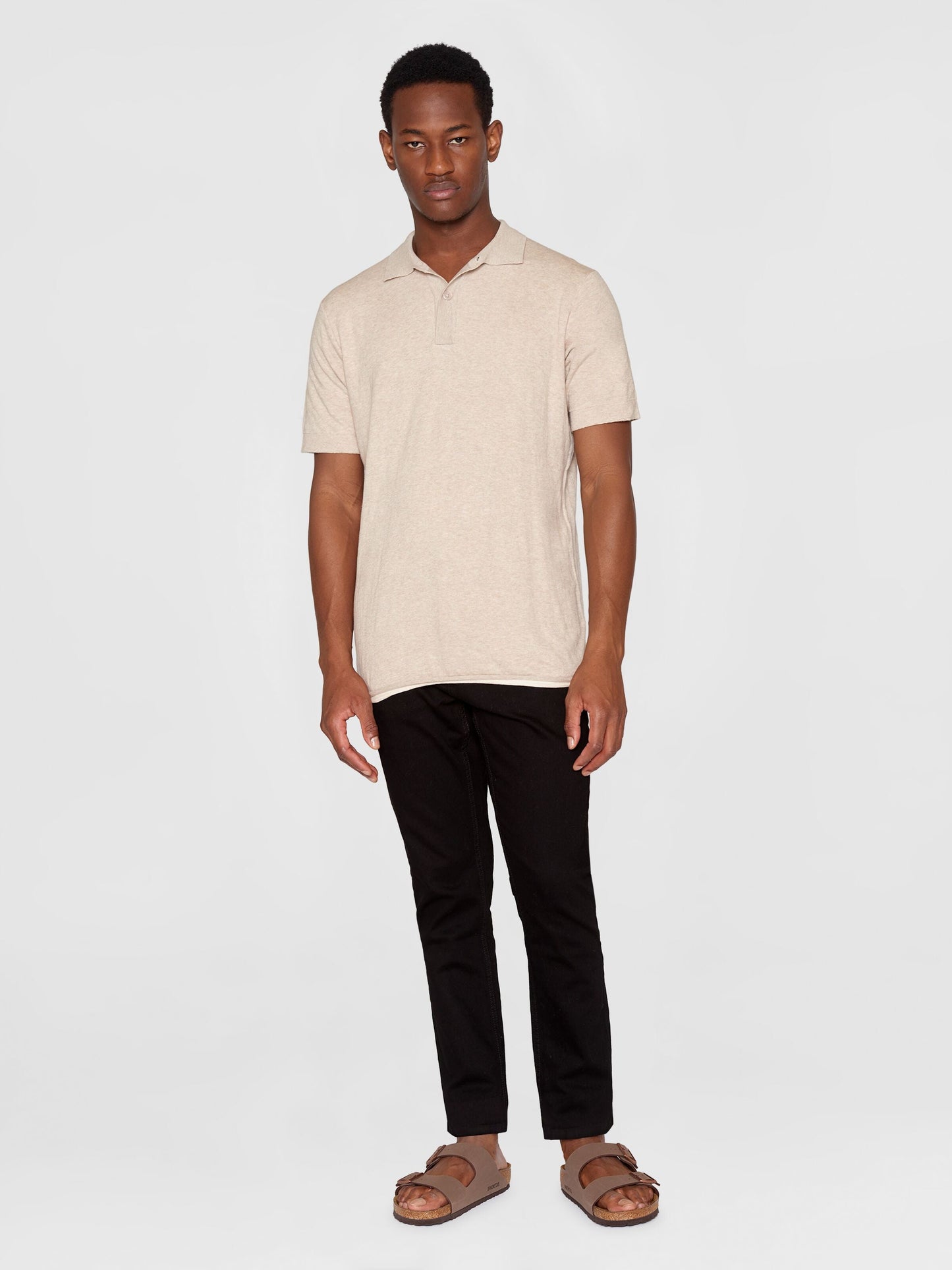 Polo en coton bio et en laine | écru “regular double layer knitted short sleeved polo nature melange”
