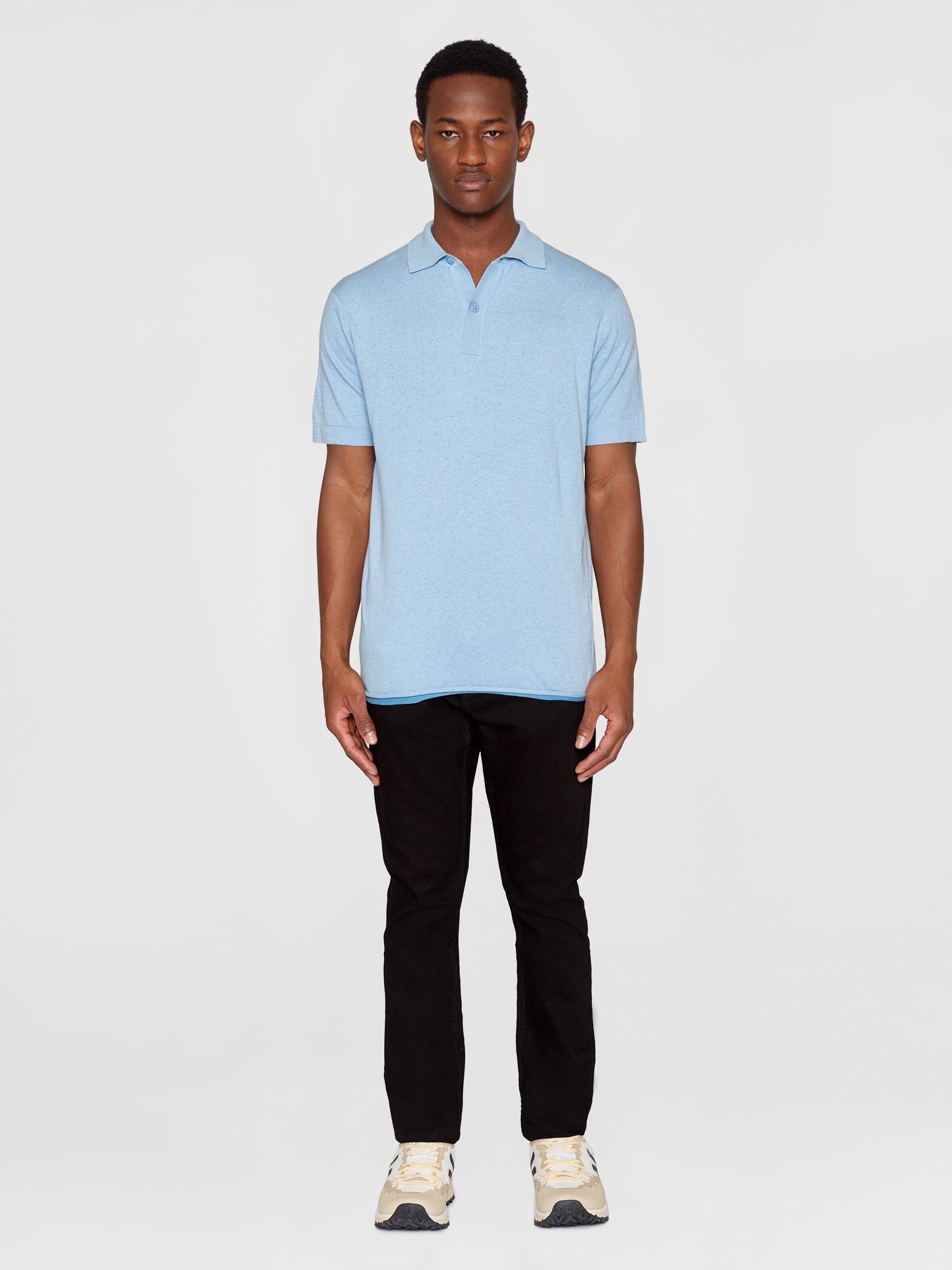 Polo en coton bio et en laine | bleu "regular double layer knitted polo dusk blue"
