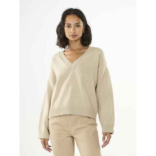Pull col V beige en maille de coton bio - v-neck long sleeved knit nature melange