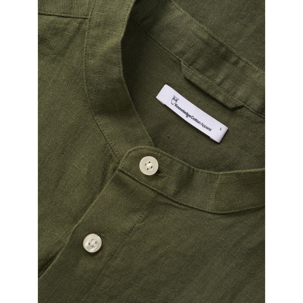 Chemise olive col mao en lin bio - custom fit linen shirt burned olive