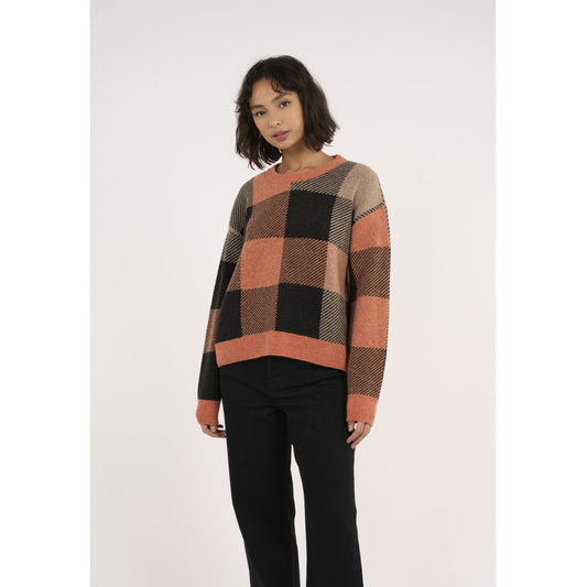 Pull à carreaux rouille et noir en laine bio - boxy pixel check autumn leaf