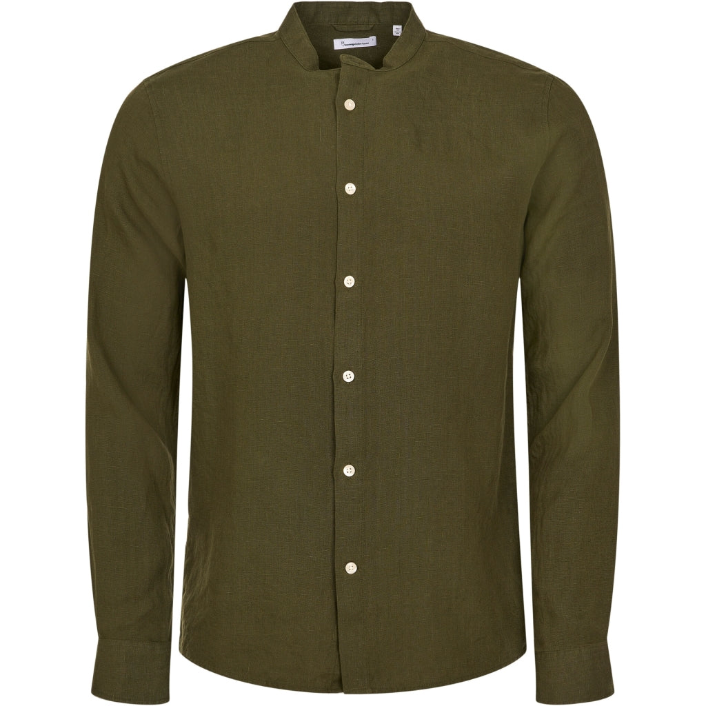 Chemise olive col mao en lin bio - custom fit linen shirt burned olive