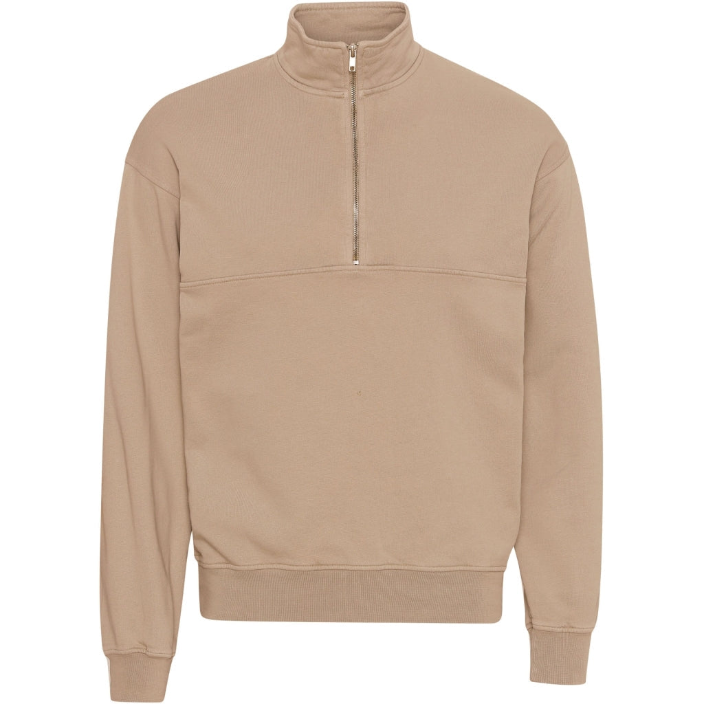 Sweat camionneur mixte col zippé beige en coton bio - honey beige