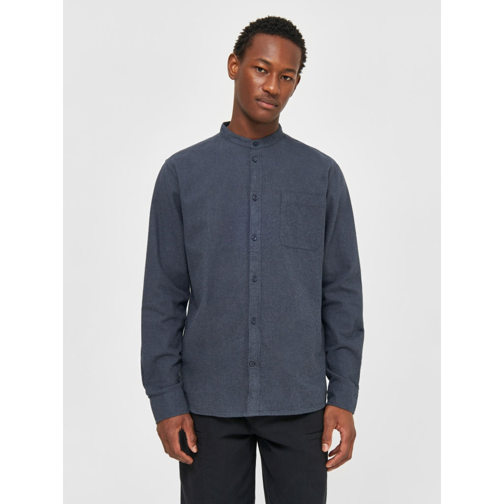 Chemise col mao en coton bio | Marine "melangé flannel stand collar shirt total eclipse"