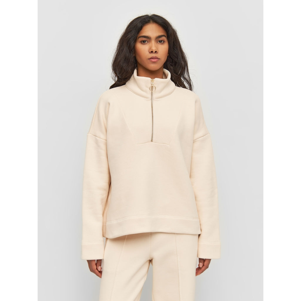 Sweat col zippé en coton bio | Beige "half zip heavy sweat buttercream"