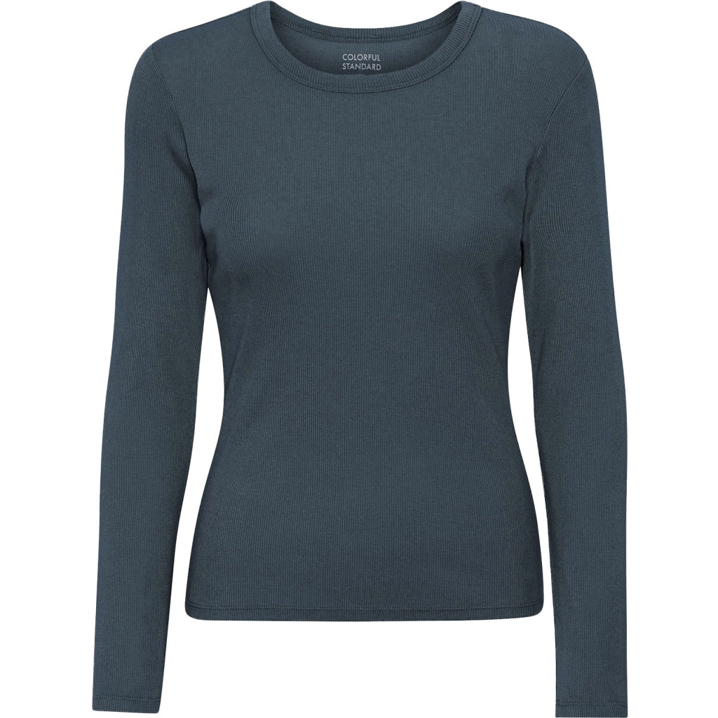 T-shirt manches longues côtelé en coton bio | Bleu pétrole "petrol blue"