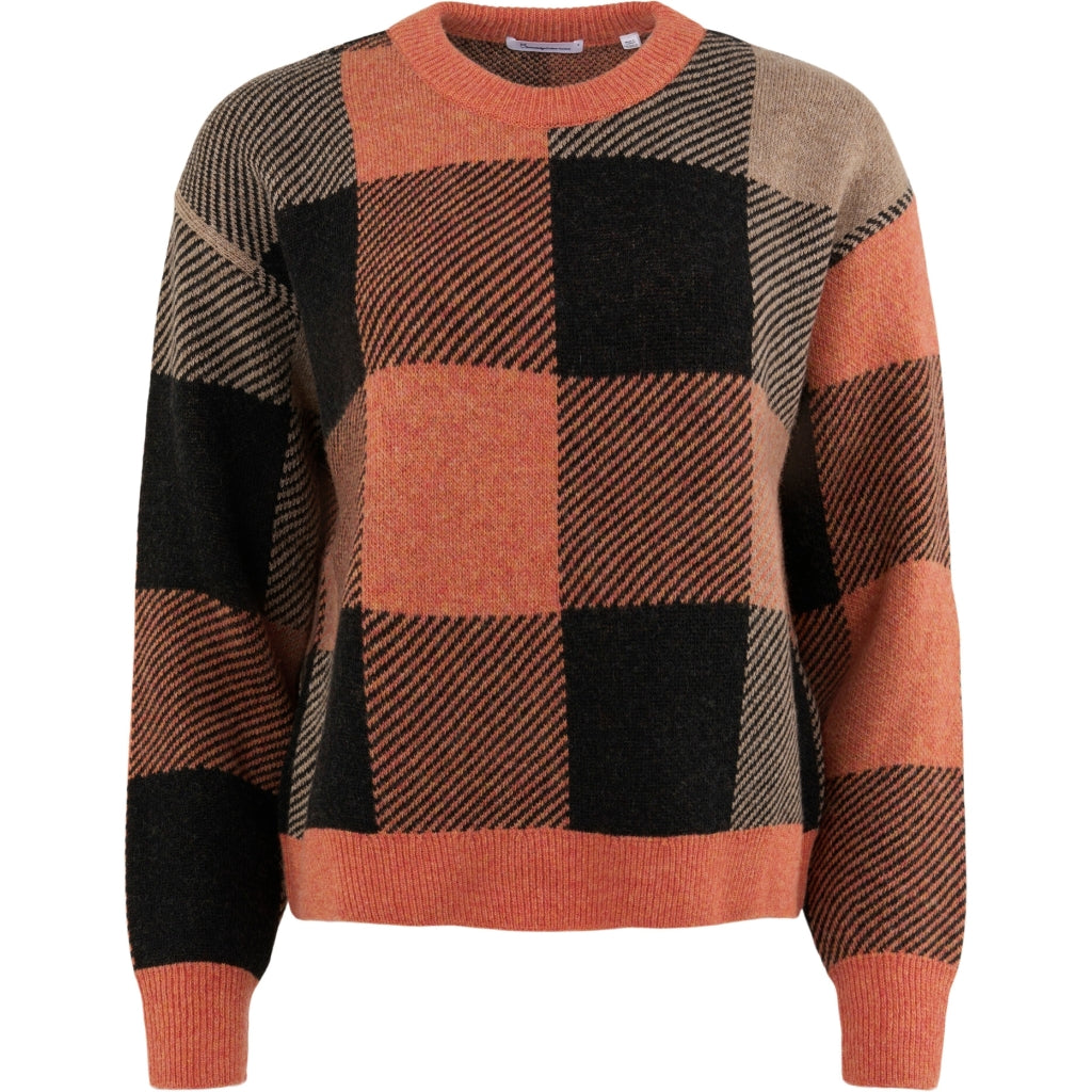 Pull à carreaux rouille et noir en laine bio - boxy pixel check autumn leaf
