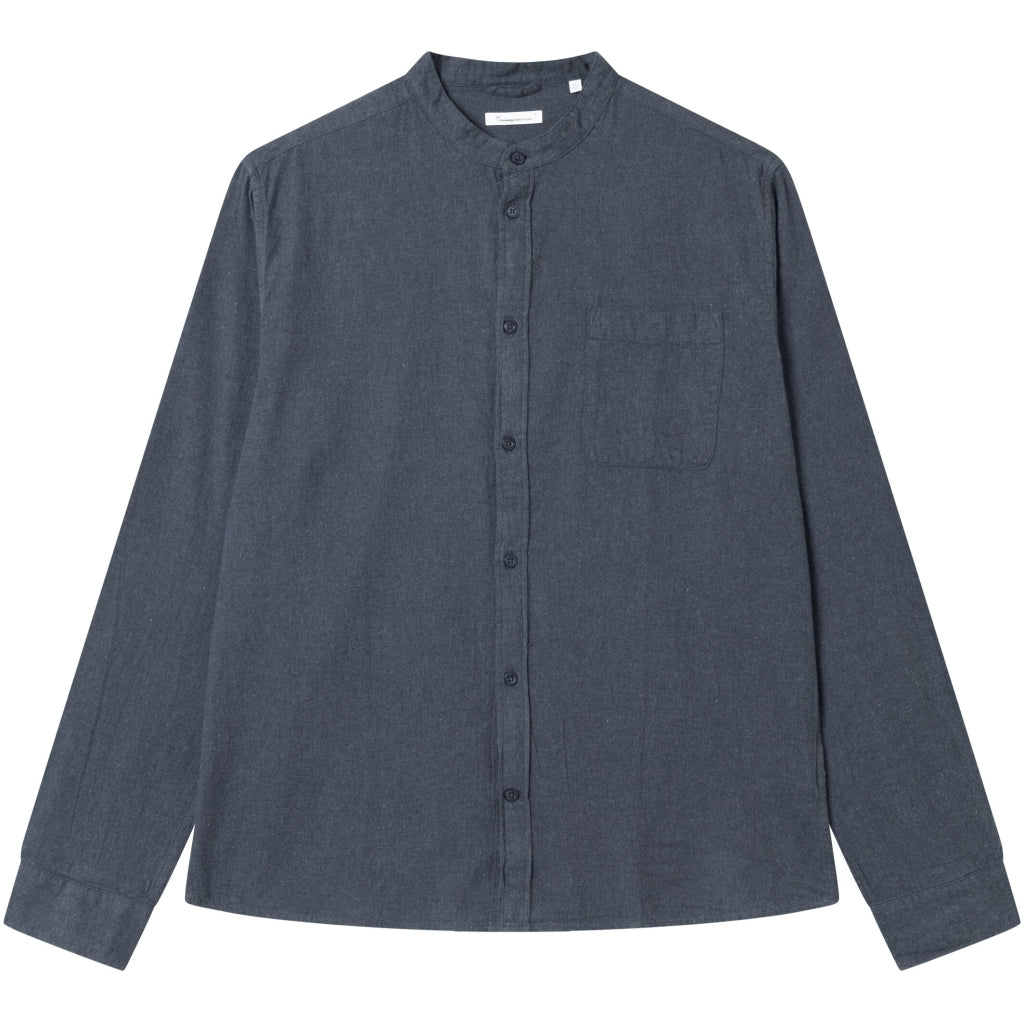 Chemise col mao en coton bio | Marine "melangé flannel stand collar shirt total eclipse"